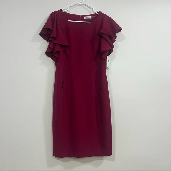 Calvin Klein Burgundy Ruffle Sleeves Sheath Dress US 8 Professional Dress - Picture 2 of 8